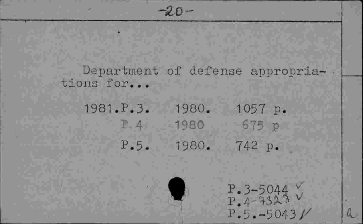 ﻿-2.0-			
Department tiens for...	of defense appropria-		—
1981.P.3.	1980.	1057 p.	
P 4	1980	675 p	
P.5.	1980.	742 p.	
		P.3-5044 J P.4'^3^ v P.5.-5043X	4.